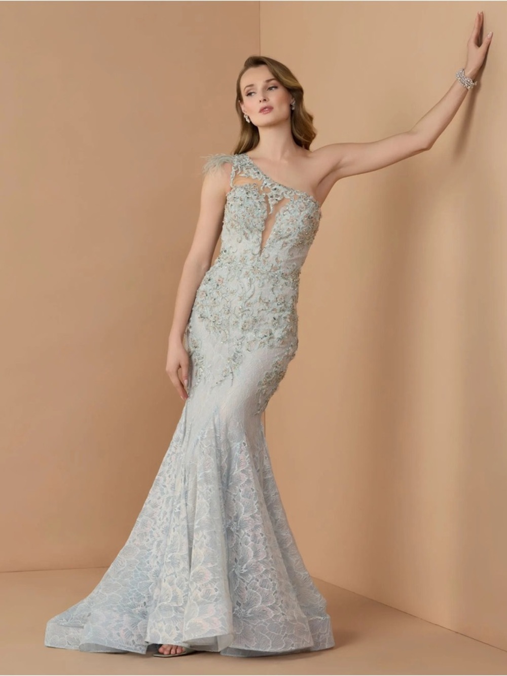 Mac Duggal 79264 Embellished Lace One Shoulder Gown With Feather Detail Size 16